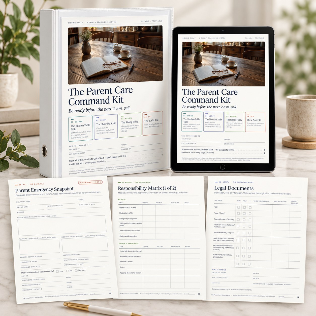 The Parent Care Command Kit in a binder, on a tablet and as printed pages